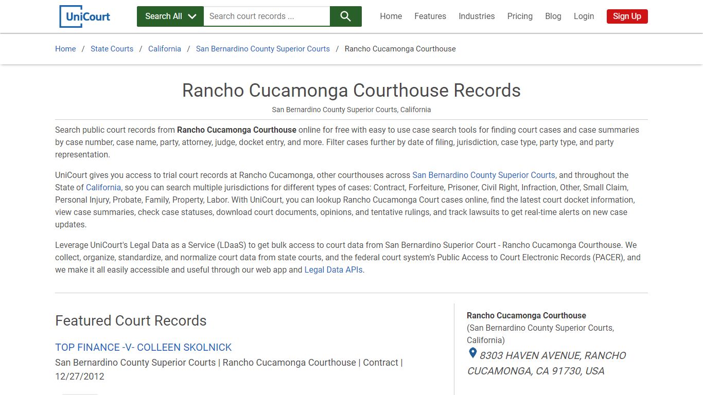 Rancho Cucamonga District Courthouse Records | San Bernardino | UniCourt